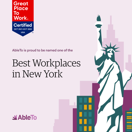 Great Place to Work y la revista Fortune han distinguido este año a AbleTo como una de las mejores empresas para trabajar en Nueva York. Es la primera vez que AbleTo aparece en esta prestigiosa lista, en la que ocupa el puesto 34.