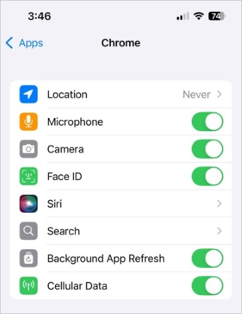 Iphone chrome settings access