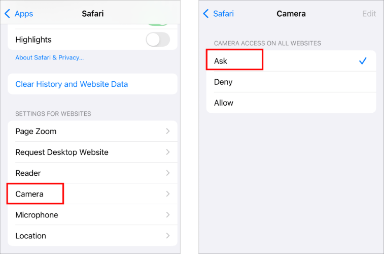 iphone safari settings camera